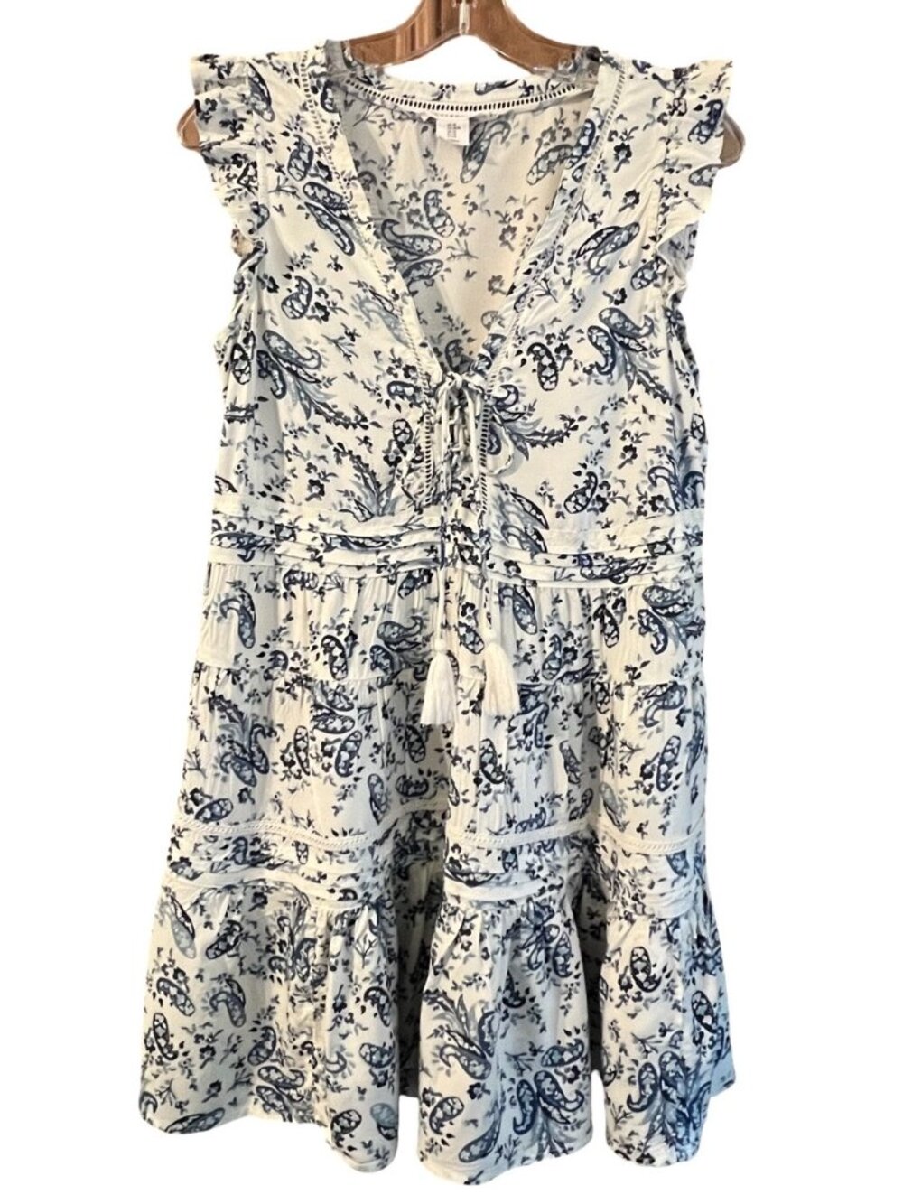 Lucky Brand White & Blue Boho Paisley Tiered Mini Dress Tassel Peasant Dress M